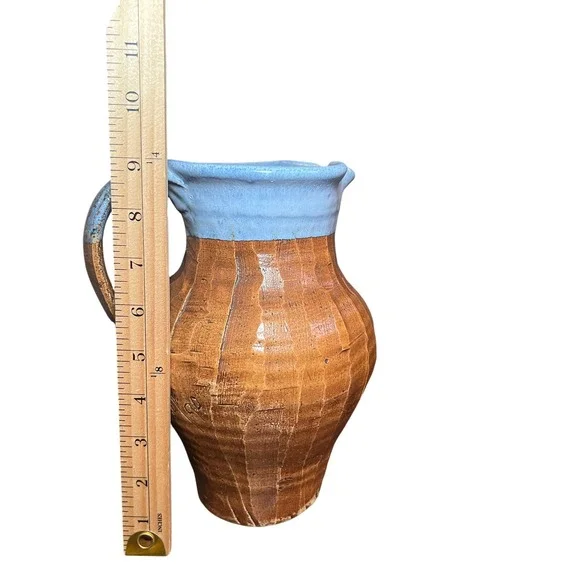 Ken Poole 1990 Rockhouse Pitcher Blue glaze Floral Embossed Signed Art Pottery